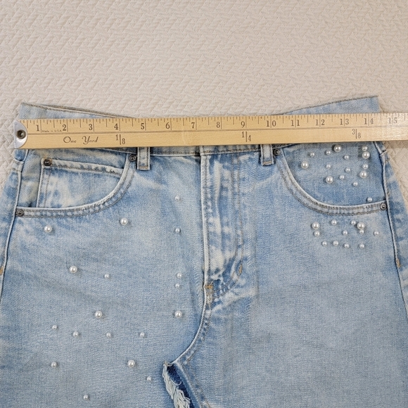 Velvet Heart Pearl Embellished Denim Skirt Distressed Frayed Hem Size 25 Boho - Picture 13 of 16